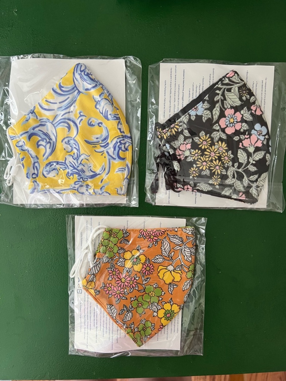 Tory Burch NEW Set of 3 Floral Pattern Cotton Face Masks - Yellow, Black, Orange